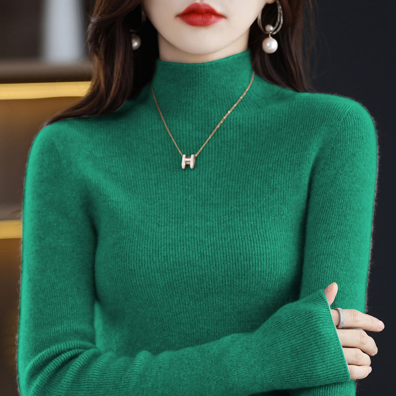 Seamless Half-Turtleneck Wool Sweater Women Slim-Fit Knitted Pullover