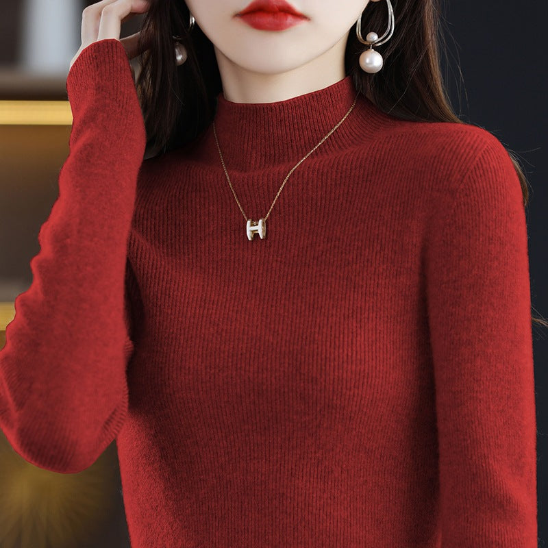 Seamless Half-Turtleneck Wool Sweater Women Slim-Fit Knitted Pullover