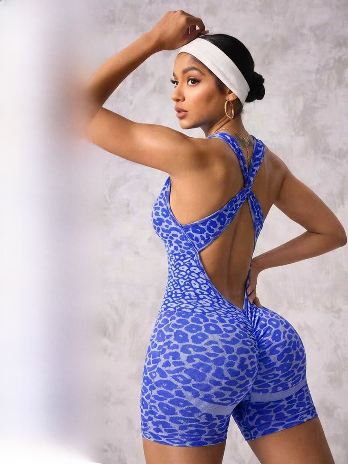 Seamless Leopard Print Cross-Strap One-Piece Shorts