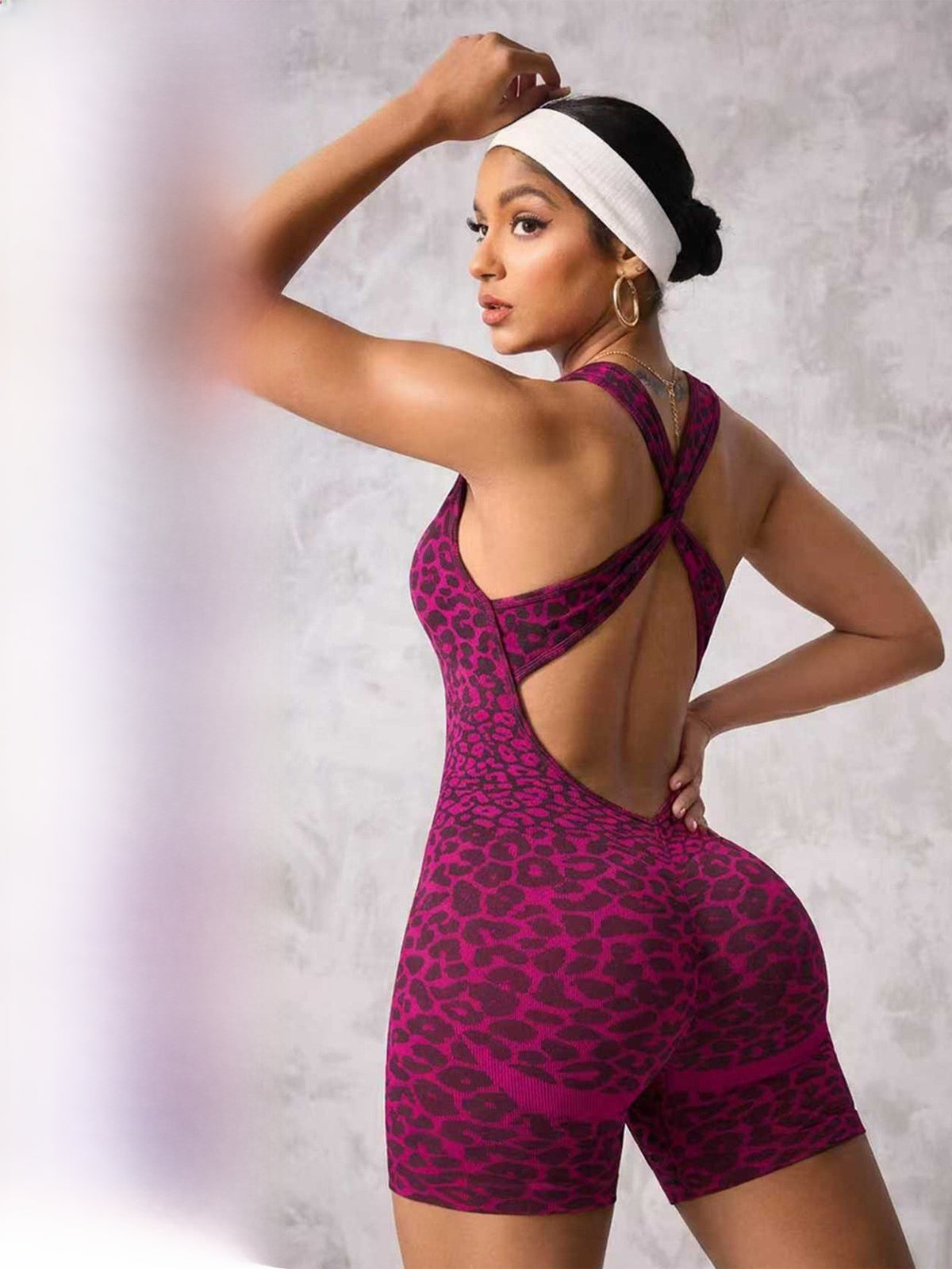 Seamless Leopard Print Cross-Strap One-Piece Shorts