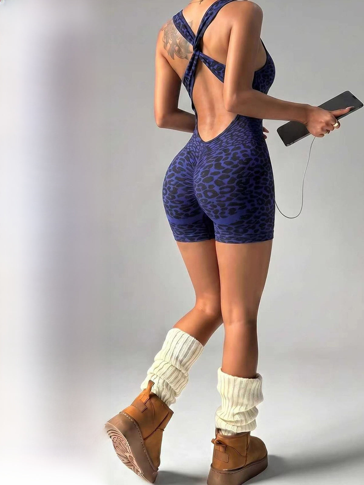 Seamless Leopard Print Cross-Strap One-Piece Shorts