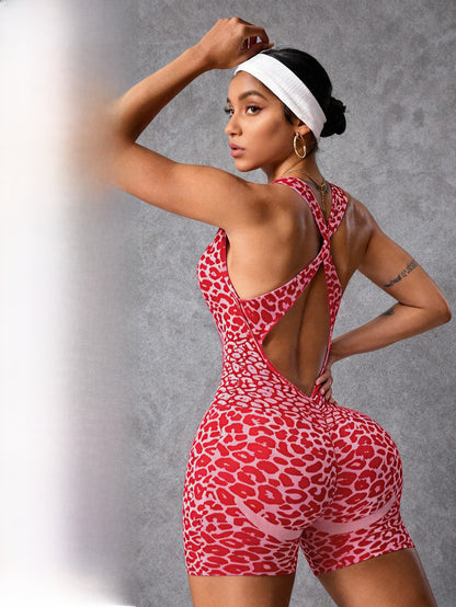 Seamless Leopard Print Cross-Strap One-Piece Shorts