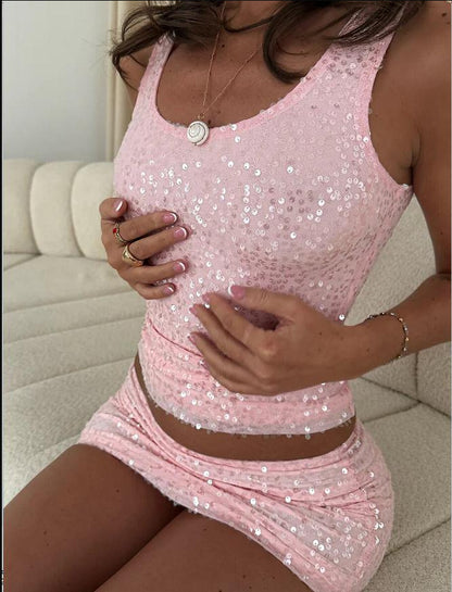 Sequin Beaded Vest and Skirt Set