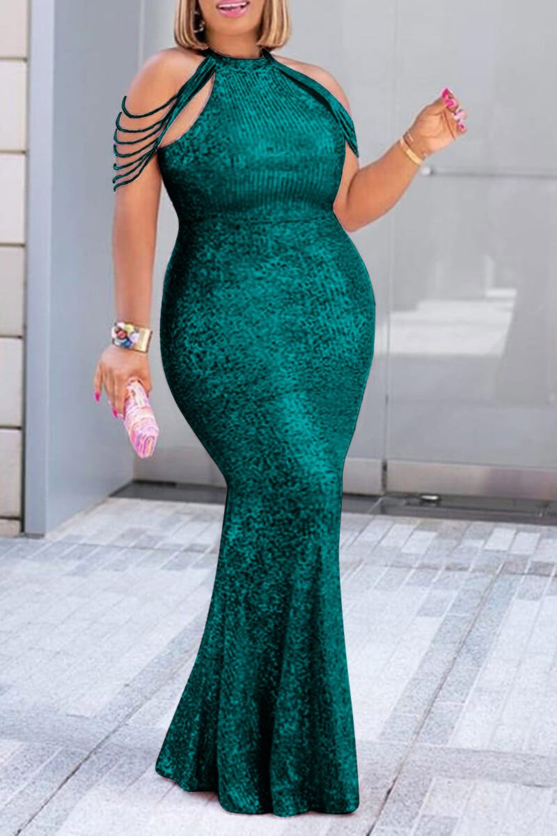 Sequin Bodycon Dress Sleeveless Round Neck Long Dress for Women