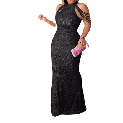 Sequin Bodycon Dress Sleeveless Round Neck Long Dress for Women