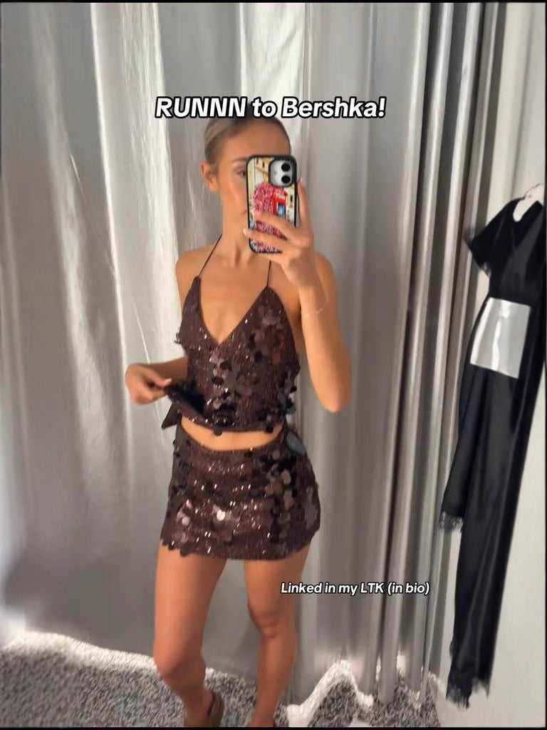 Sequin Deep V Neck Bodycon Dress Set