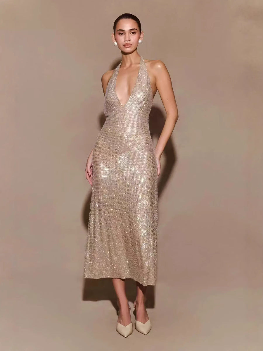Sequin Deep V-Neck Party Dress