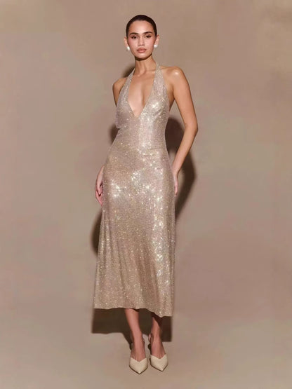 Sequin Deep V-Neck Party Dress
