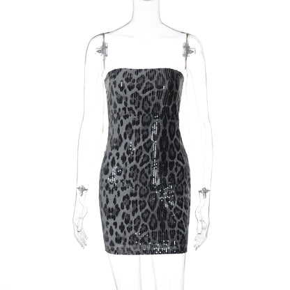 Sequin Leopard Print Tube Dress
