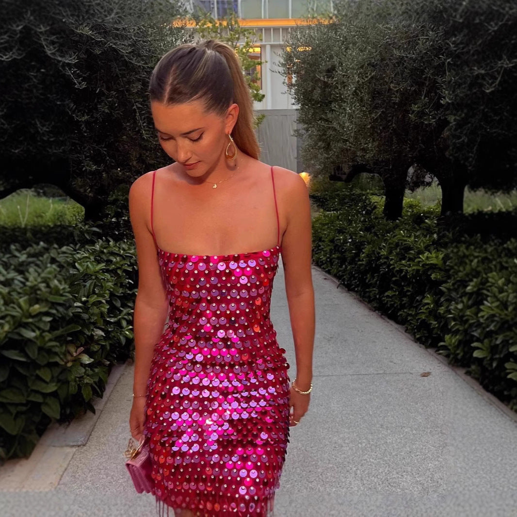 Sequin Slim Fit Adjustable Strap Dress