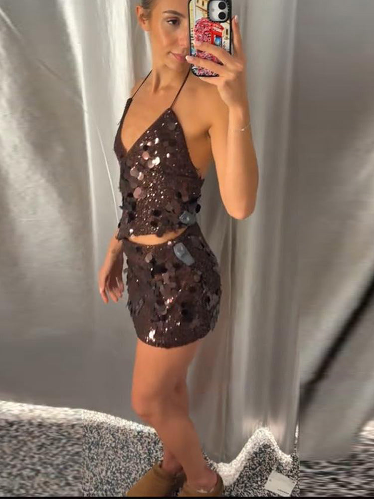 Sequin Spaghetti Strap Top and Bodycon Skirt Set