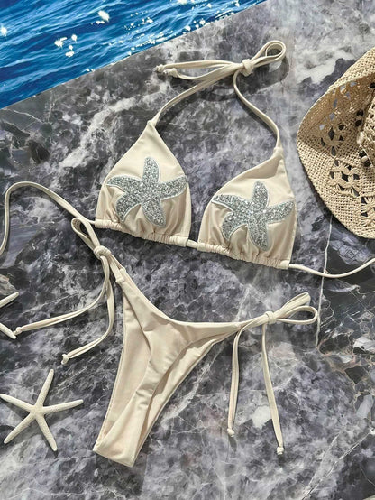 Sequin Star Decor Bikini with Adjustable Ties