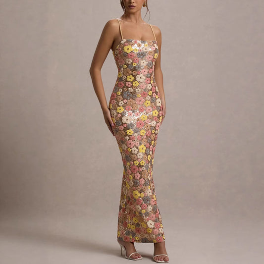 Sequin Suspender Party Dress - High Waist Long Skirt