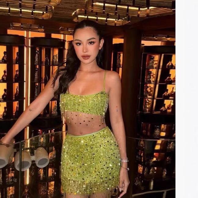 Sequin Tassel Crop Top and Suspender Skirt Set