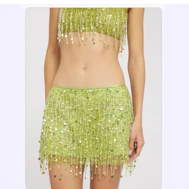 Sequin Tassel Crop Top and Suspender Skirt Set
