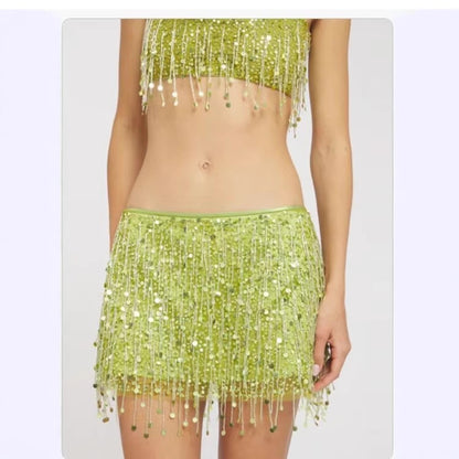 Sequin Tassel Crop Top and Suspender Skirt Set
