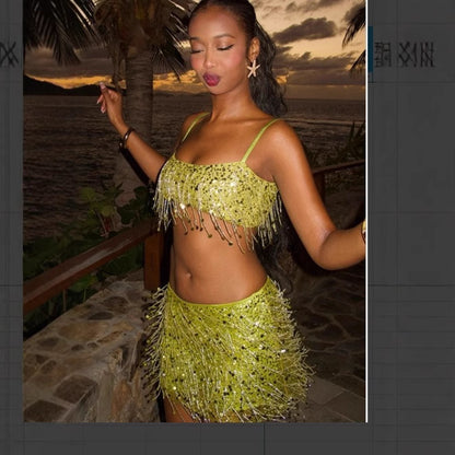 Sequin Tassel Crop Top and Suspender Skirt Set