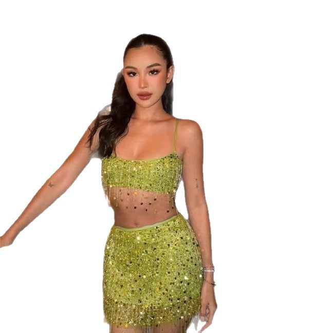 Sequin Tassel Crop Top and Suspender Skirt Set