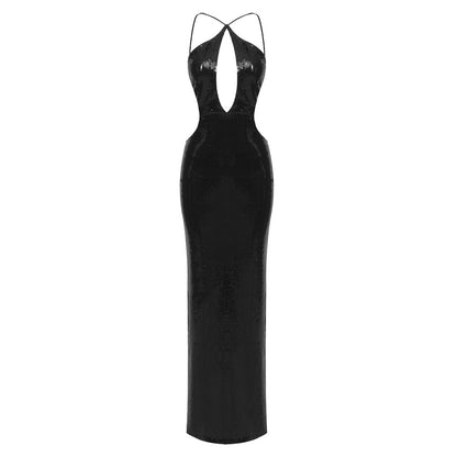Sequined Hollow-Out Halter Long Dress