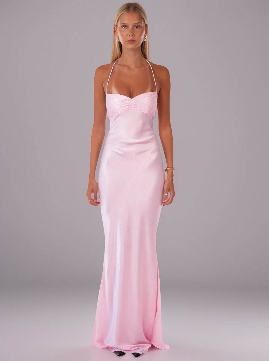 Sequined Satin Backless Lace-Up Slip Dress