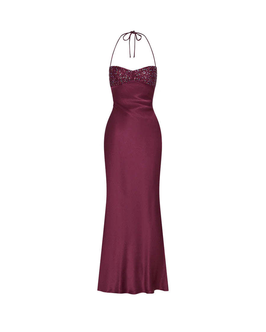 Sequined Satin Backless Lace-Up Slip Dress