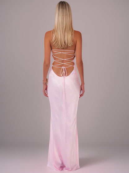 Sequined Satin Backless Lace-Up Slip Dress