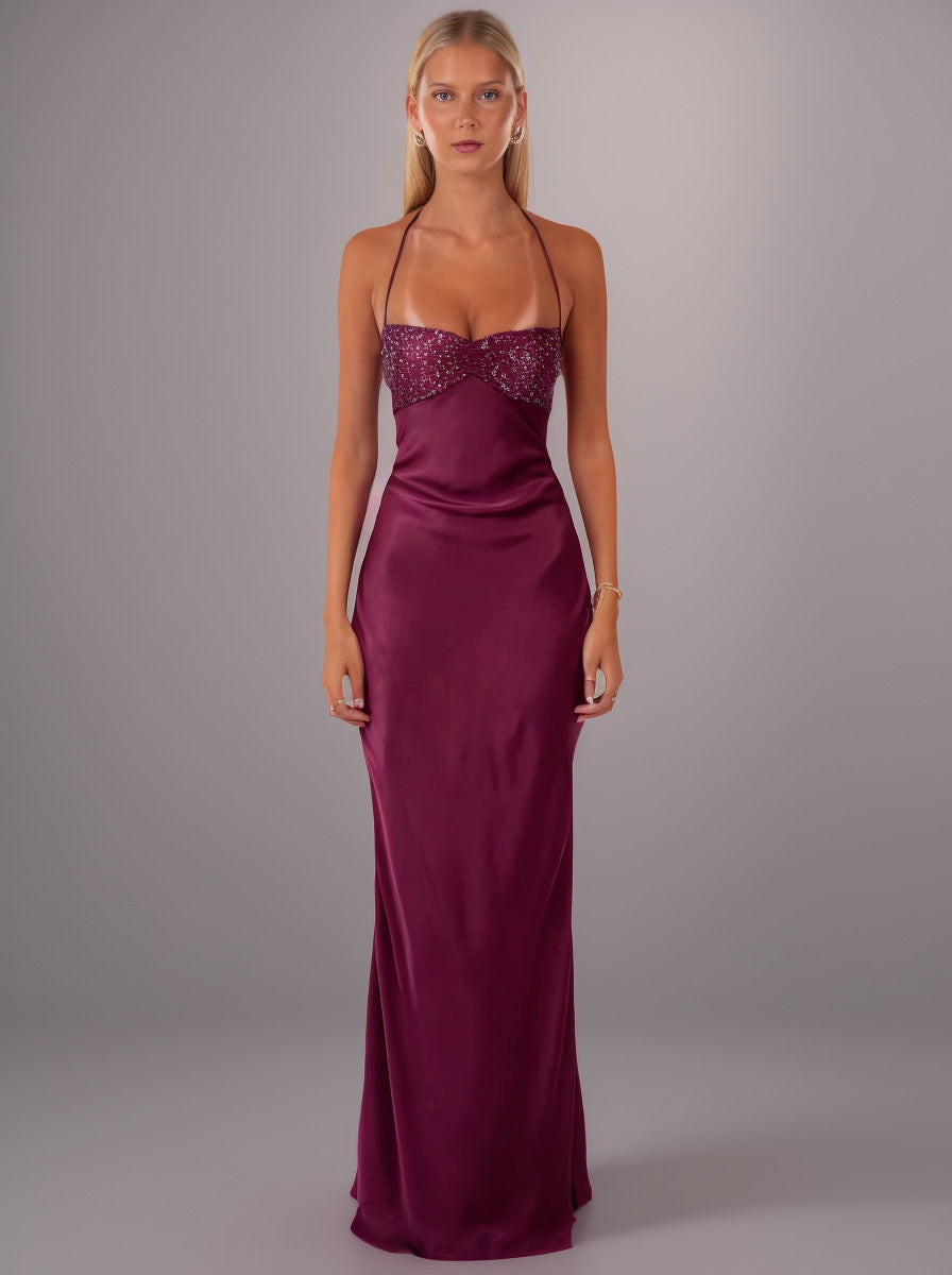 Sequined Satin Backless Lace-Up Slip Dress