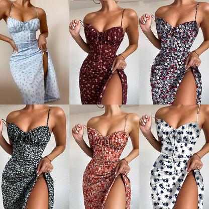Sexy and fashionable printed lace-up slit halter dress