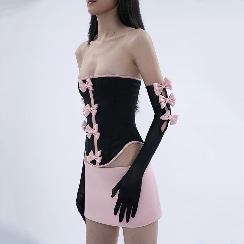 Sexy Backless Bow Design Long Sleeve Top and Skirt Set