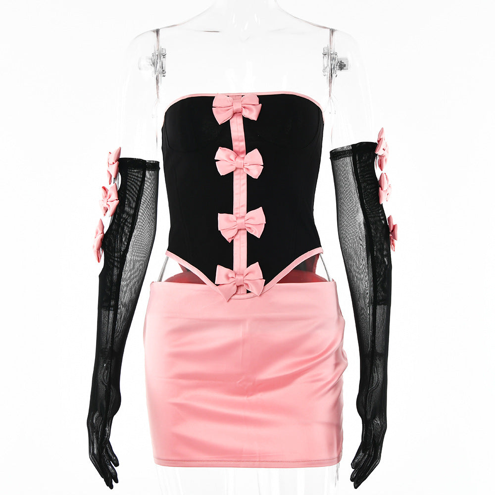 Sexy Backless Bow Design Long Sleeve Top and Skirt Set