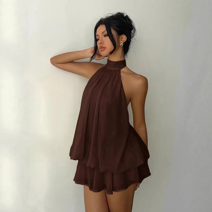 Sexy Backless Halter Tie Waist Top Puffy Short Skirt Dress