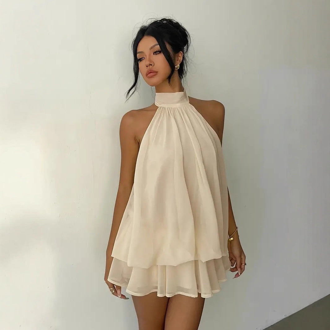 Sexy Backless Halter Tie Waist Top Puffy Short Skirt Dress