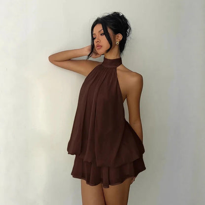 Sexy Backless Halter Tie Waist Top Puffy Short Skirt Dress