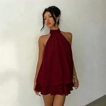 Sexy Backless Halter Tie Waist Top Puffy Short Skirt Dress