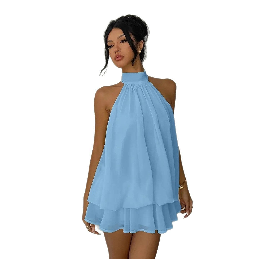Sexy Backless Halter Tie Waist Top Puffy Short Skirt Dress