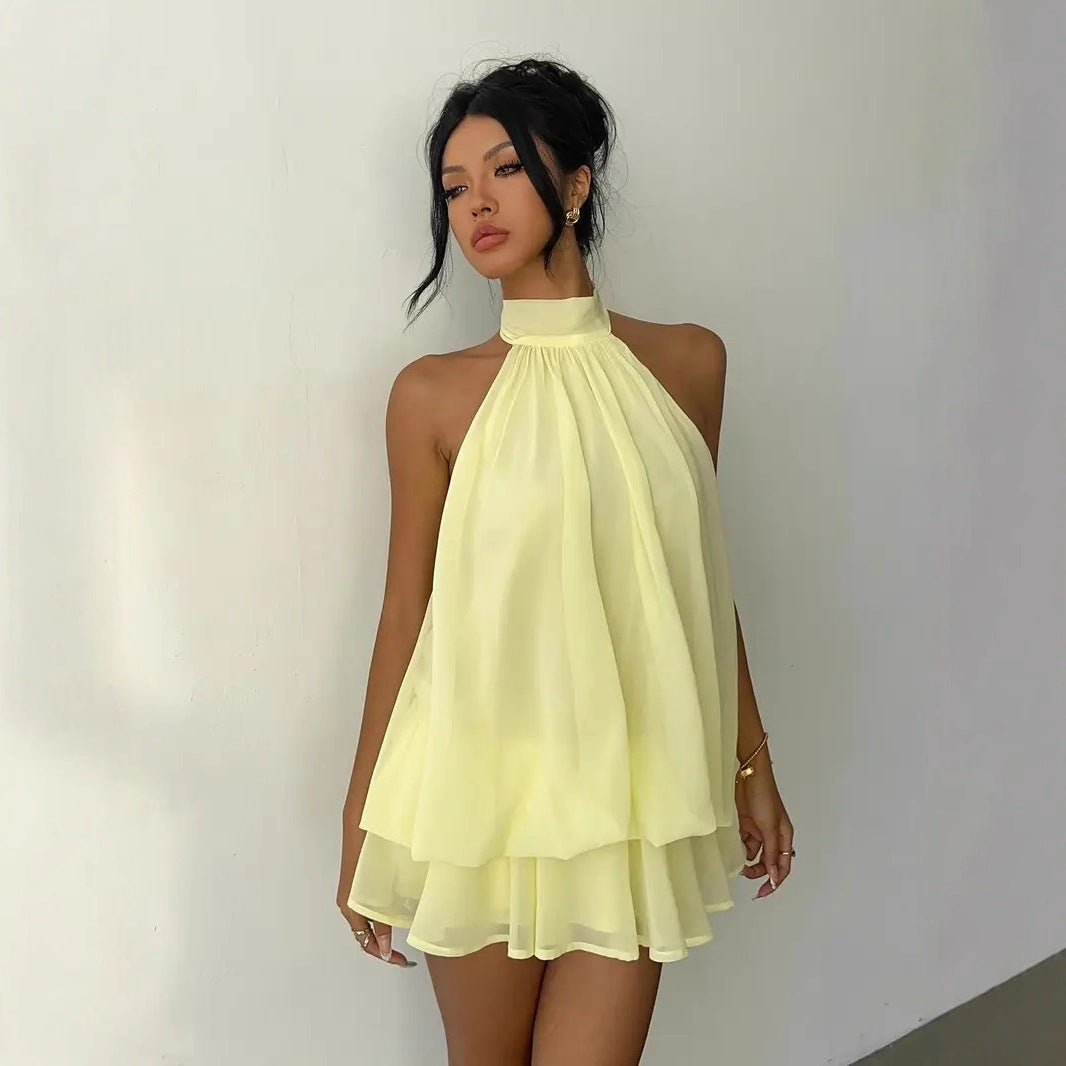 Sexy Backless Halter Tie Waist Top Puffy Short Skirt Dress