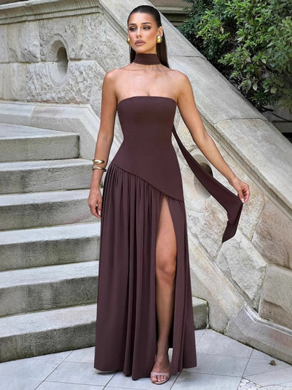 Sexy Backless Tube Top Split Hem Dress