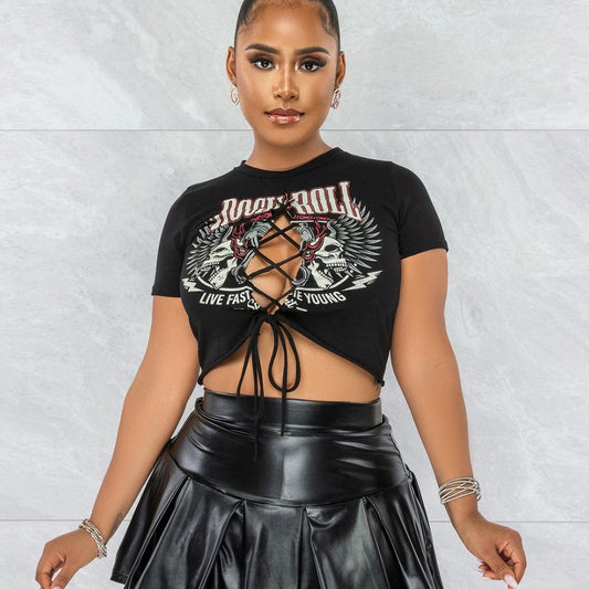 Sexy Cut-Out Lace-Up Printed T-Shirt