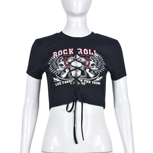 Sexy Cut-Out Lace-Up Printed T-Shirt