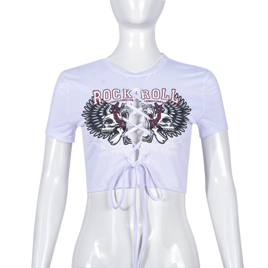 Sexy Cut-Out Lace-Up Printed T-Shirt