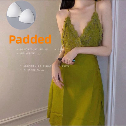 Sexy Deep V Lace Sling Nightgown with Optional Pads