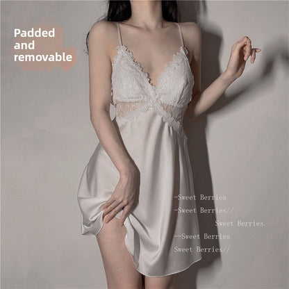 Sexy Deep V Lace Sling Nightgown with Optional Pads