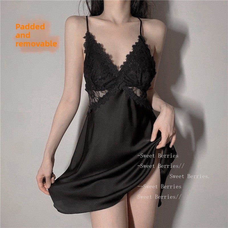 Sexy Deep V Lace Sling Nightgown with Optional Pads