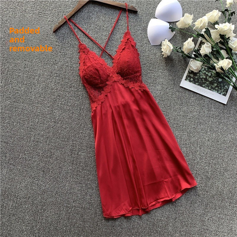 Sexy Deep V Lace Sling Nightgown with Optional Pads