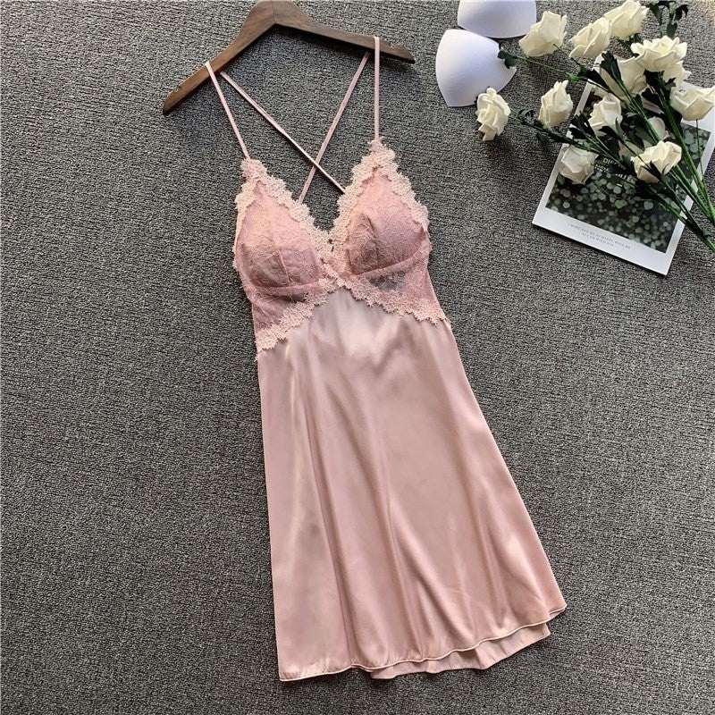 Sexy Deep V Lace Sling Nightgown with Optional Pads