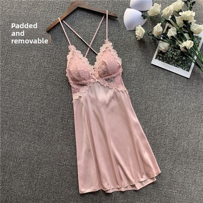 Sexy Deep V Lace Sling Nightgown with Optional Pads