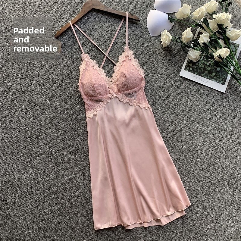 Sexy Deep V Lace Sling Nightgown with Optional Pads