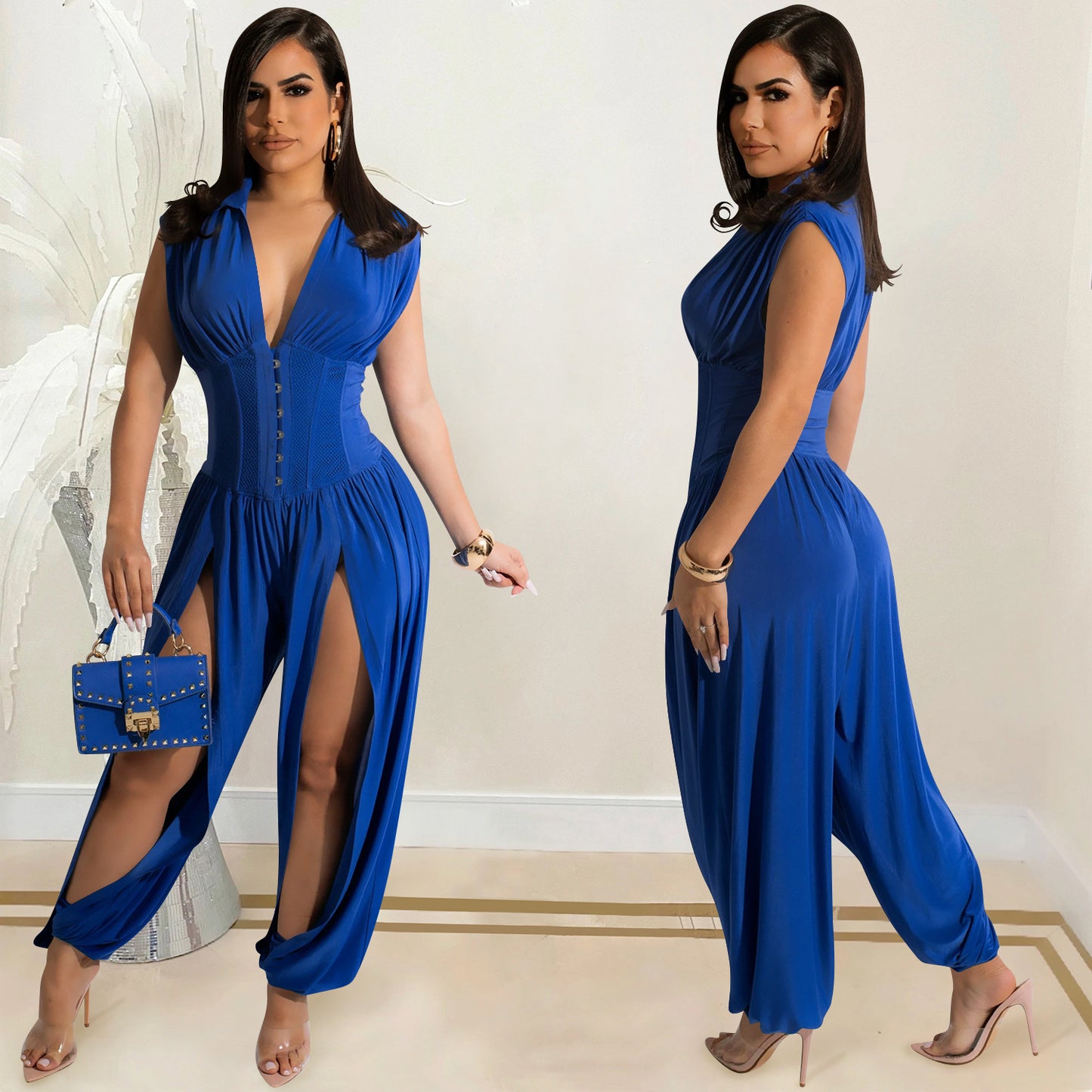 Sexy deep V sleeveless open-front pants