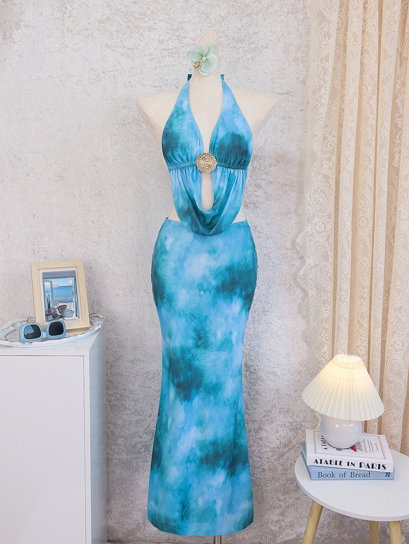 Sexy Halter Neck Beach Dress Tie Dye Long Swimsuit Cover Up