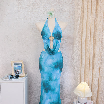 Sexy Halter Neck Beach Dress Tie Dye Long Swimsuit Cover Up